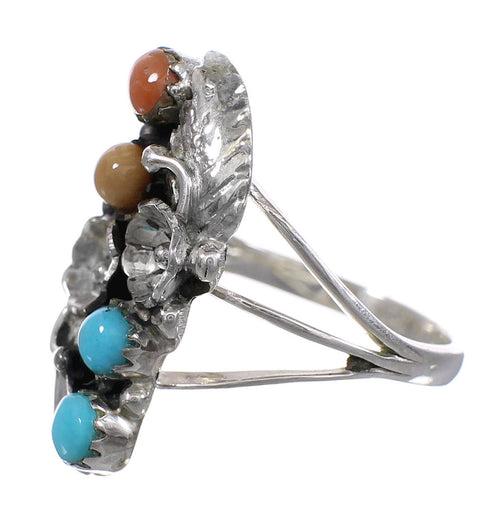 Coral And Turquoise Silver Flower Ring Size 5-3/4 AX81956